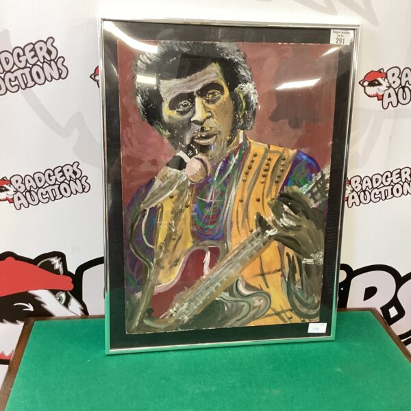 Vibrant watercolour collage portrait of Chuck Berry, a rock and roll legend.