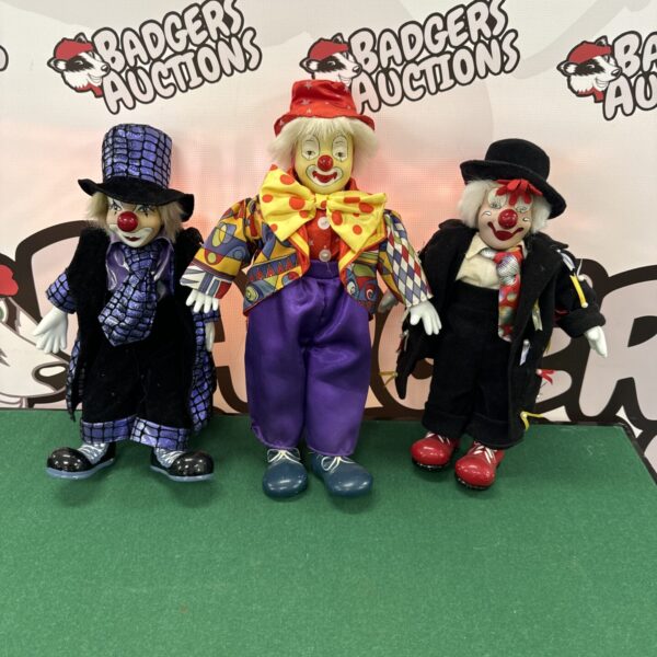 Vintage clown doll lot of three, colourful and collectible.