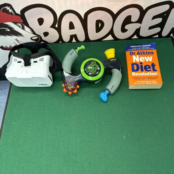 Vintage Vizor Pro headset bundle with Bop It and Atkins Diet book.
