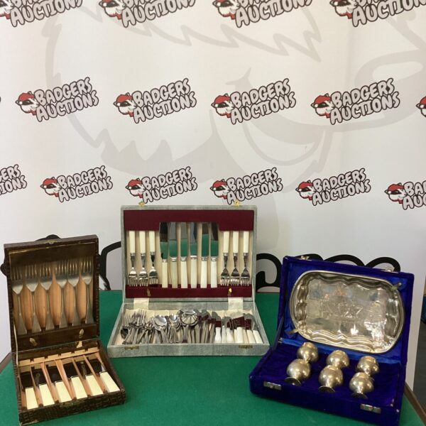 Three vintage cutlery sets in wooden cases, silver plated flatware.