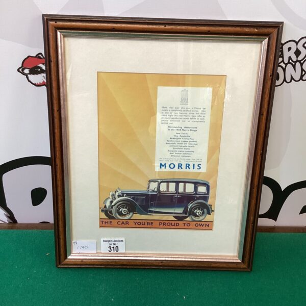 Framed vintage Morris car advertisement for classic car enthusiasts.