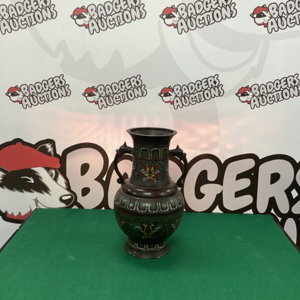 Intricate Japanese cloisonne vase with colourful floral designs.