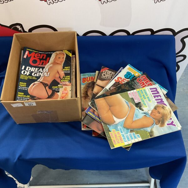 Box of men only adult magazines