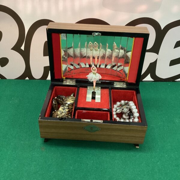 Open vintage MB musical jewellery box with ballerina figurine.