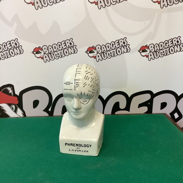 Antique Victorian phrenology head, detailed ceramic skull model.