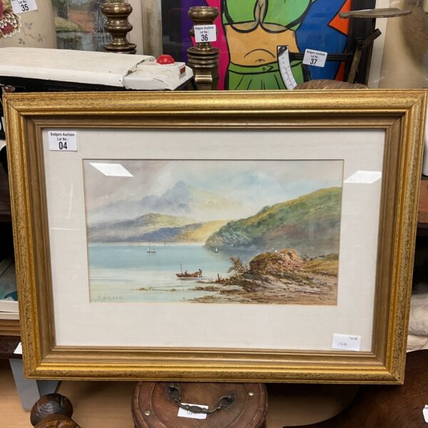 Vintage watercolour painting of a lake scene with mountains.