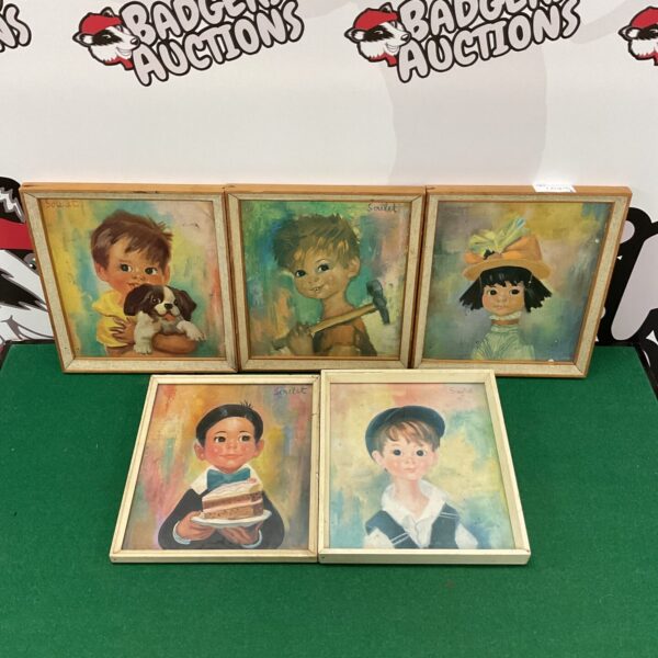 Set of five vintage Soulet prints depicting children in a collection.