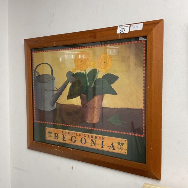 Vintage framed begonia print by M Wiscombe, charming floral art.