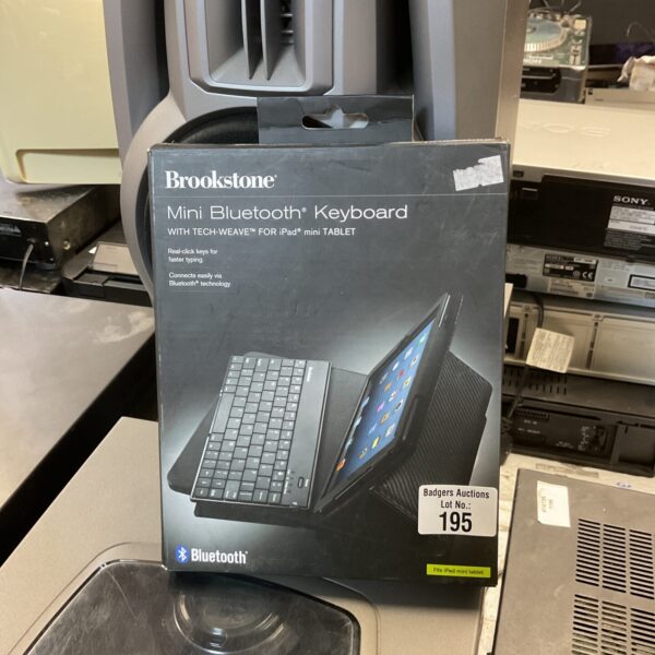 Brookstone mini Bluetooth keyboard for tablets and portable typing.