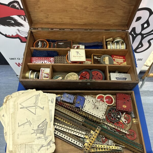 Vintage Meccano set in a wooden box, classic construction toy.