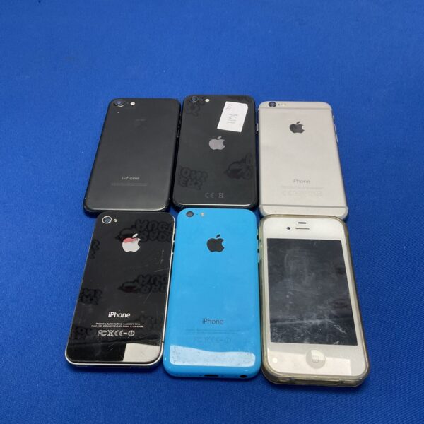 Lot of six used Apple iPhones for collectors or repair.