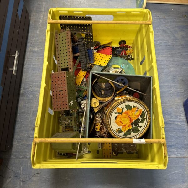 Vintage Meccano parts lot in a yellow tray.