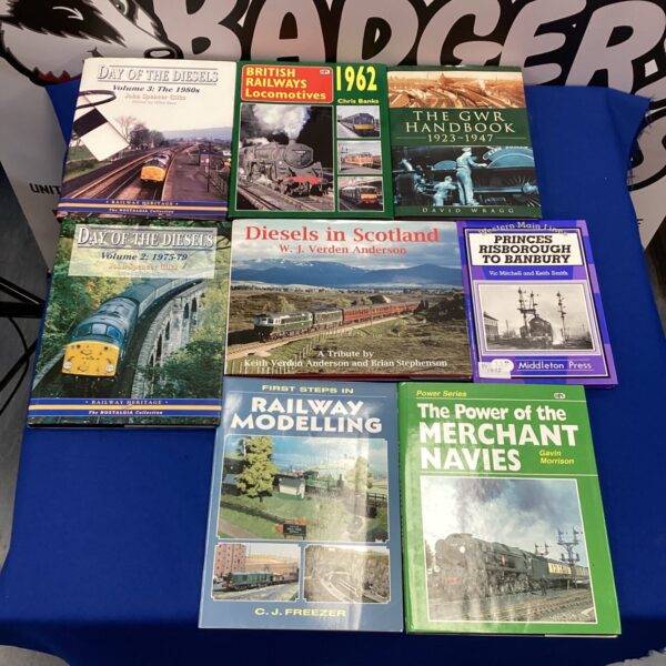 Vintage railway books collection including British locomotives and GWR handbook.