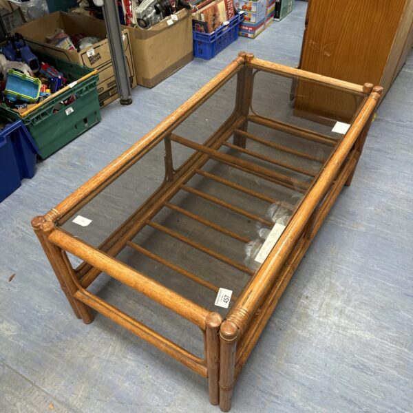 Vintage bamboo coffee table with glass top, full view.