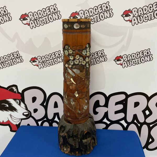 Vintage bamboo stick stand with mother of pearl inlay, oriental hall decor.