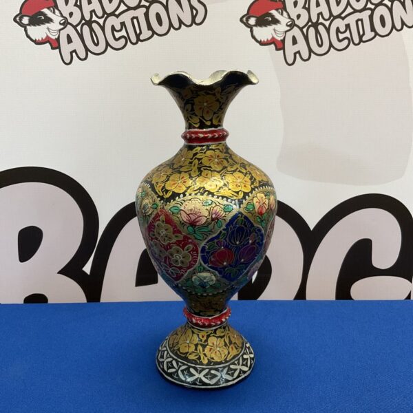 Vintage hand-painted papier mache vase with colourful floral design.