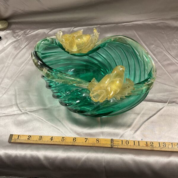 Vibrant green Murano glass bowl with bird figurines, vintage Italian art glass.