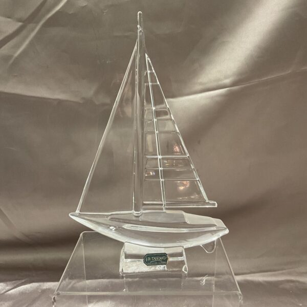 Clear crystal J G Durand yacht sculpture, side view.