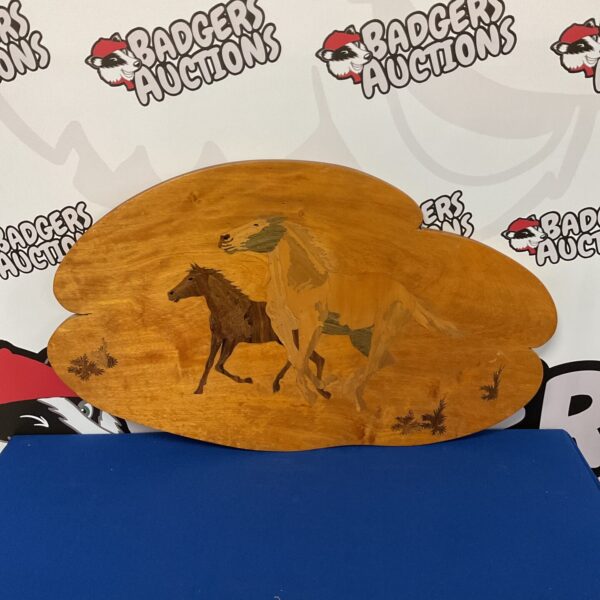 Vintage marquetry wooden horse plaque for wall decor.