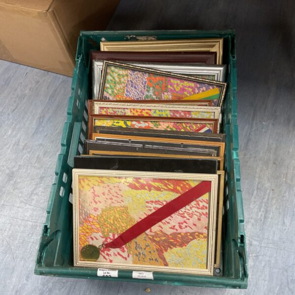 Vintage framed art collection lot with colourful paintings.