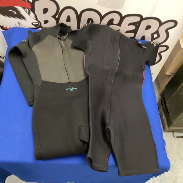 Size 10 wet suits by Inconeil and Sola for water sports.