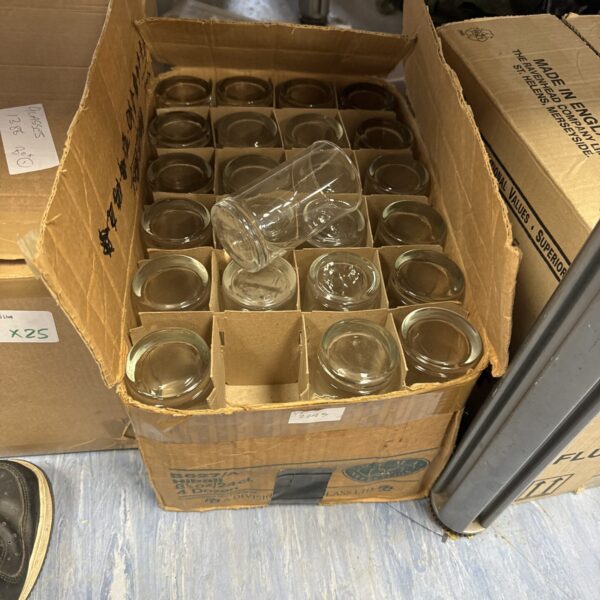 Lot of clear drinking glasses, approximately 8.5oz in size.