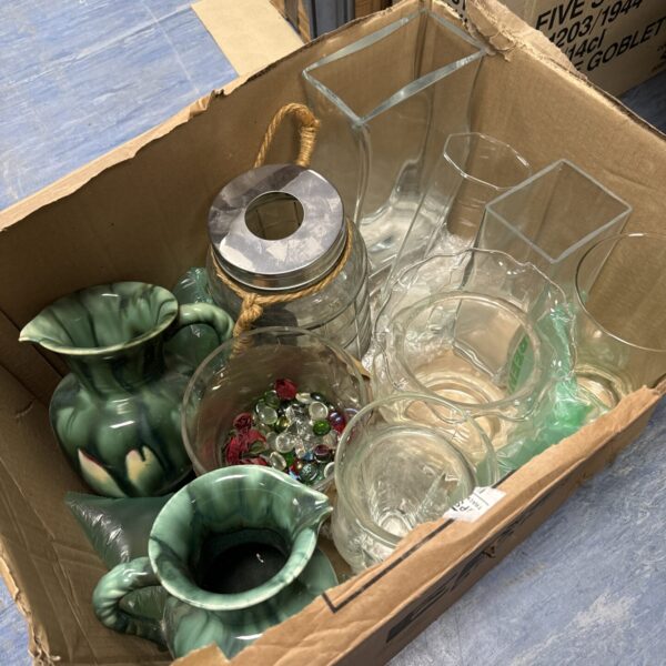 Assorted glass vases and salt glazed jugs in a mixed lot.