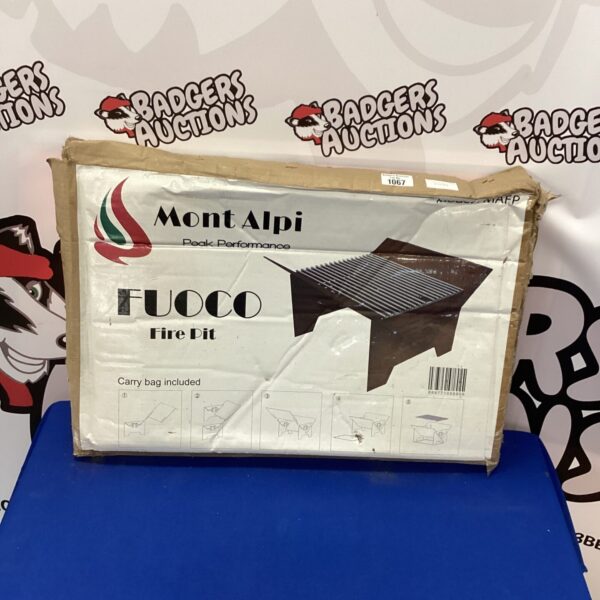 Mont Alphi Fuoco fire pit in original packaging, ideal for outdoor use.