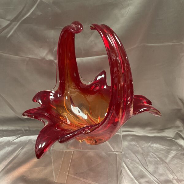 Vibrant red Murano glass basket with split handle.