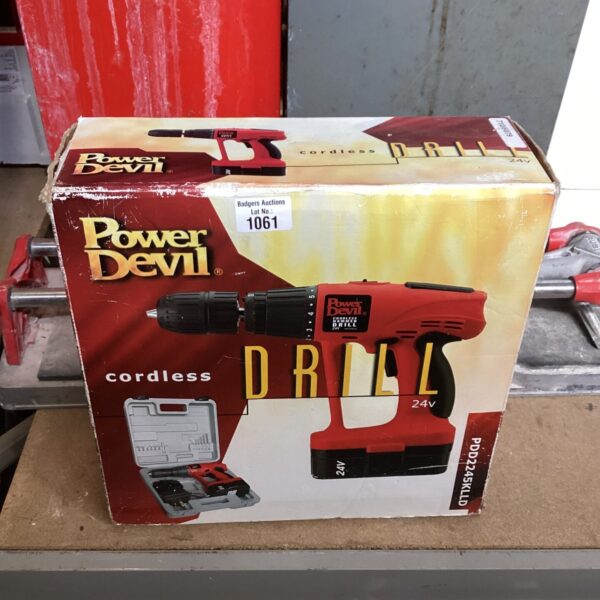 Power Devil 24V cordless drill in its original box.