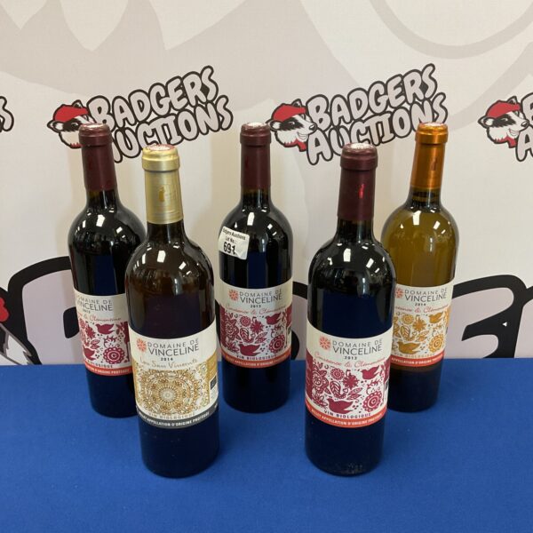Five bottles of Domaine de Vinceline wine from 2013 and 2014 vintages.