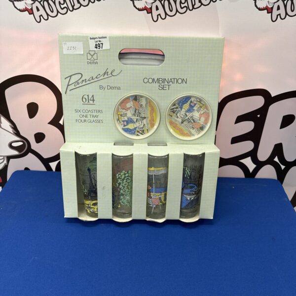 Vintage Panache by dema coasters and glasses set for retro barware.