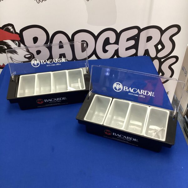 Two Bacardi rum condiment trays displayed for serving cocktails.