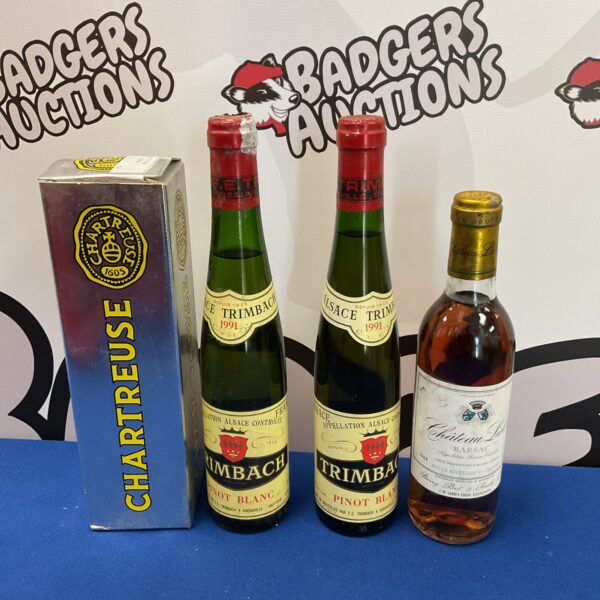Vintage wine lot featuring 1991 Trimbach Pinot Blanc and 1988 Chartreuse bottles.