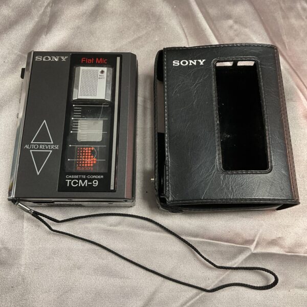 Vintage Sony TCM-9 cassette recorder with flat microphone.