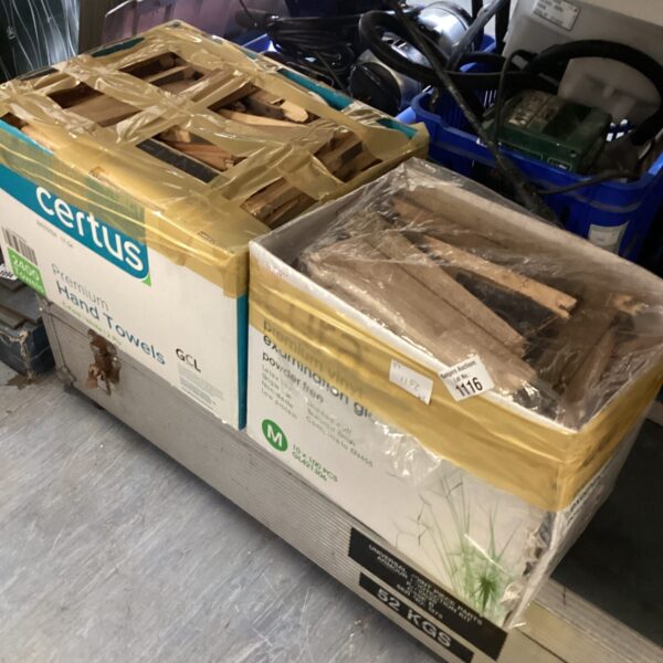 Two boxes of kindling wood for fireplace use.