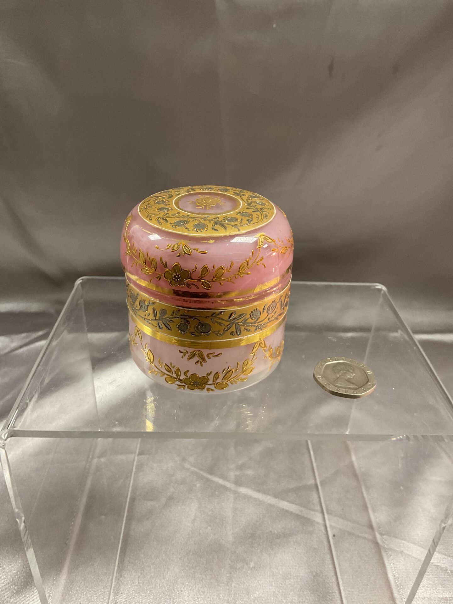 826 Opaque pink gilt decorated Glass lidded Pot