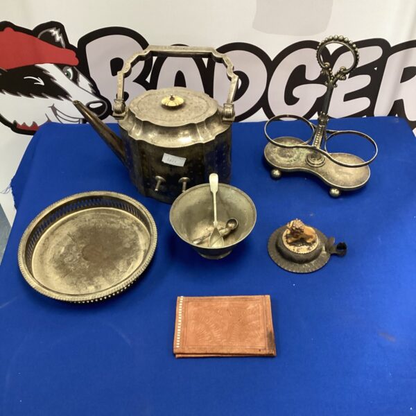 Vintage silver plate tableware lot with tray and kettle.