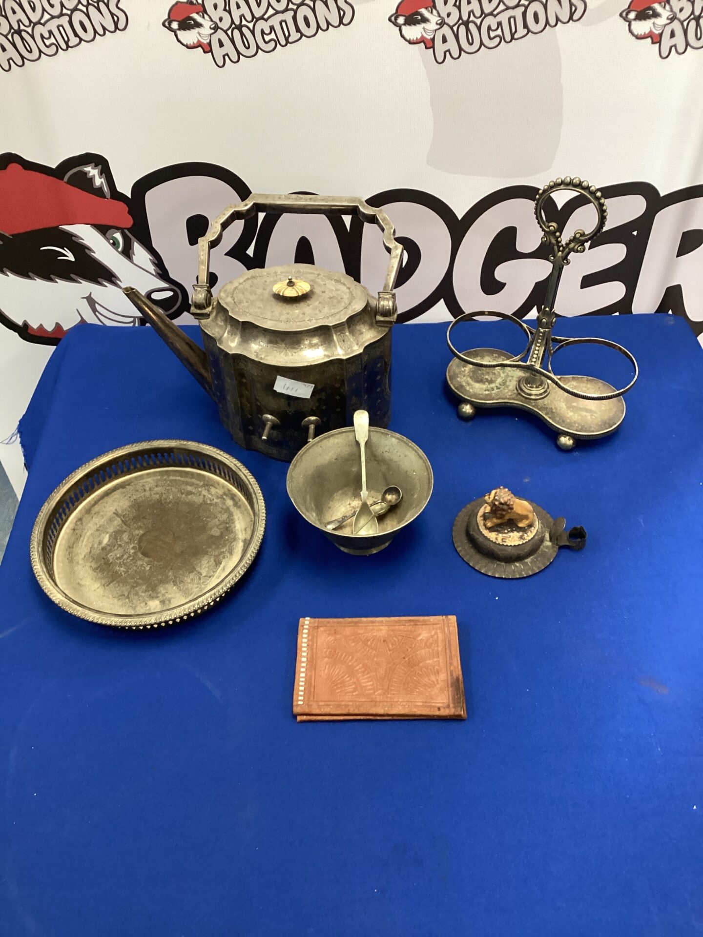 631 Tray of mixed silver plate tableware with kettle