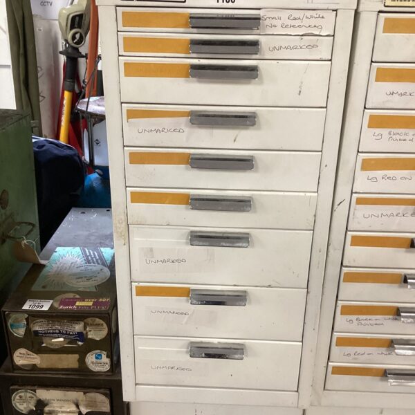Vintage Myres Kingsbury filing cabinet drawers for office or workshop storage.
