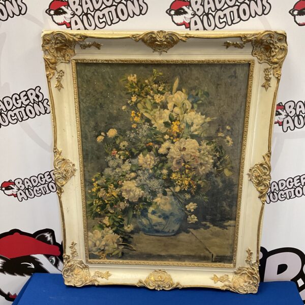 Ornate framed vintage Renoir style still life floral print.