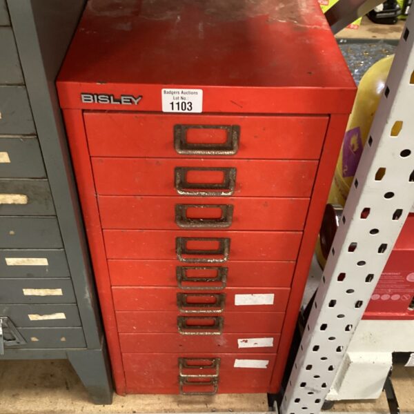 Red Bisley drawer cabinet for workshop tool storage.