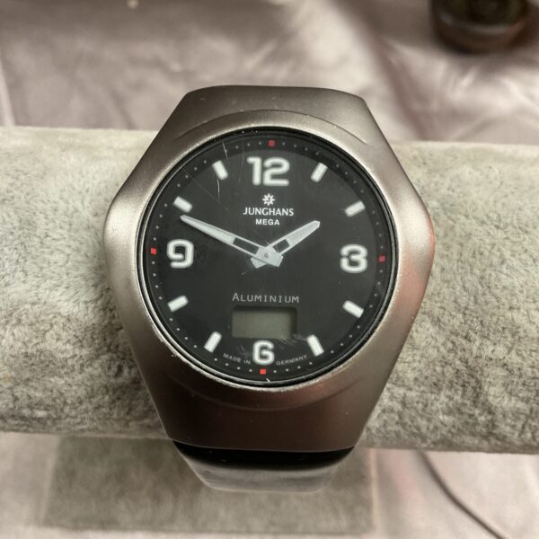Front view of a vintage Junghans Mega aluminium radio controlled watch.