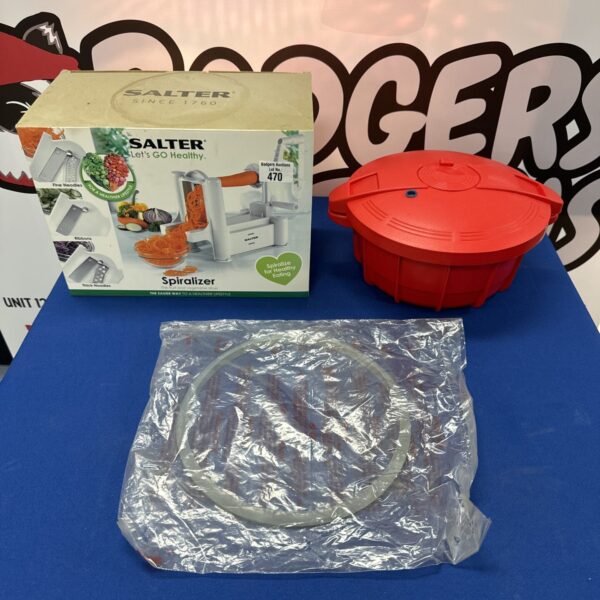 Salter spiralizer and plastic microwave pressure cooker kitchen gadget.