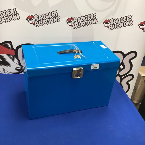 Metal lockable storage box with keys, ideal for secure storage.