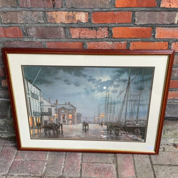 Large framed Rodney Charman print of ships at Poole Quay harbour.