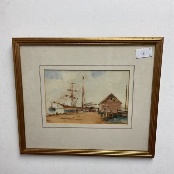 19th-century watercolour painting of a bustling fishing village with boats.