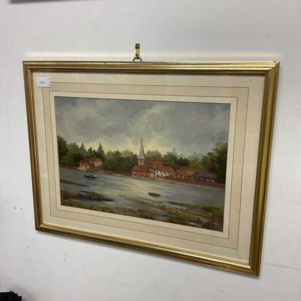 Signed oil painting of Bosham Quay, a tranquil harbour scene.