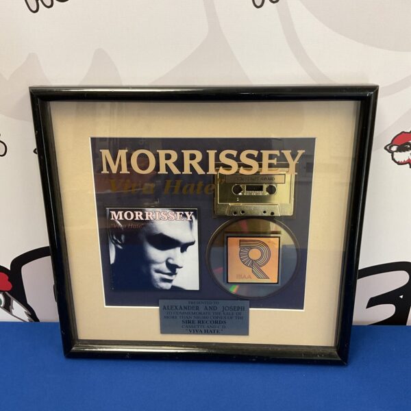 Framed Morrissey Viva Hate gold sales award with cassette and CD.
