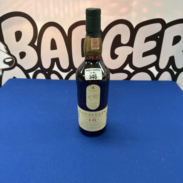 Bottle of Lagavulin 16 year old Islay single malt Scotch whisky.